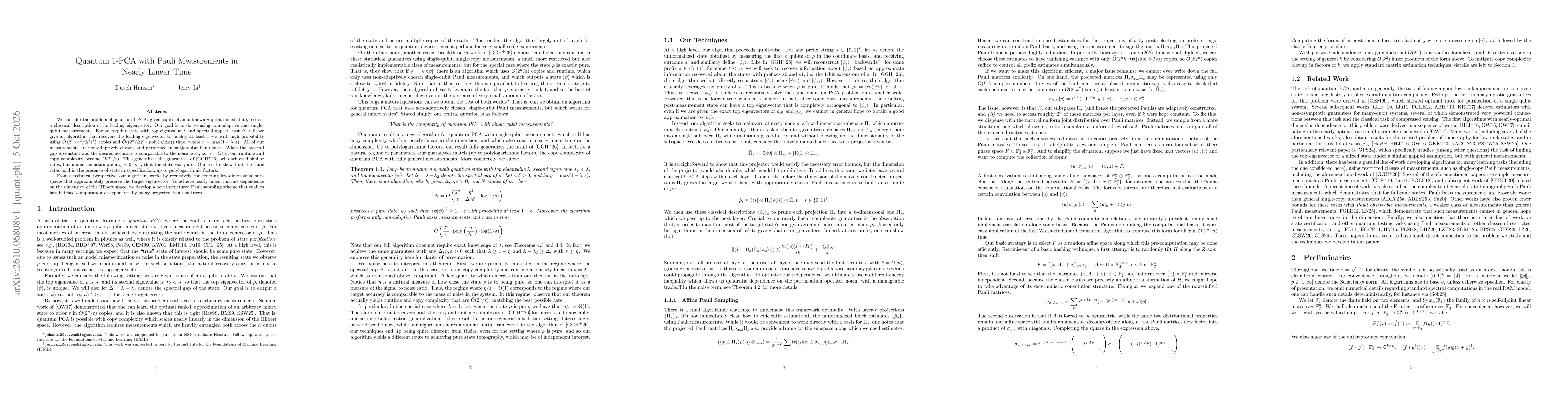 Thumbnail for Quantum 1-PCA with Pauli Measurements in Nearly Linear Time