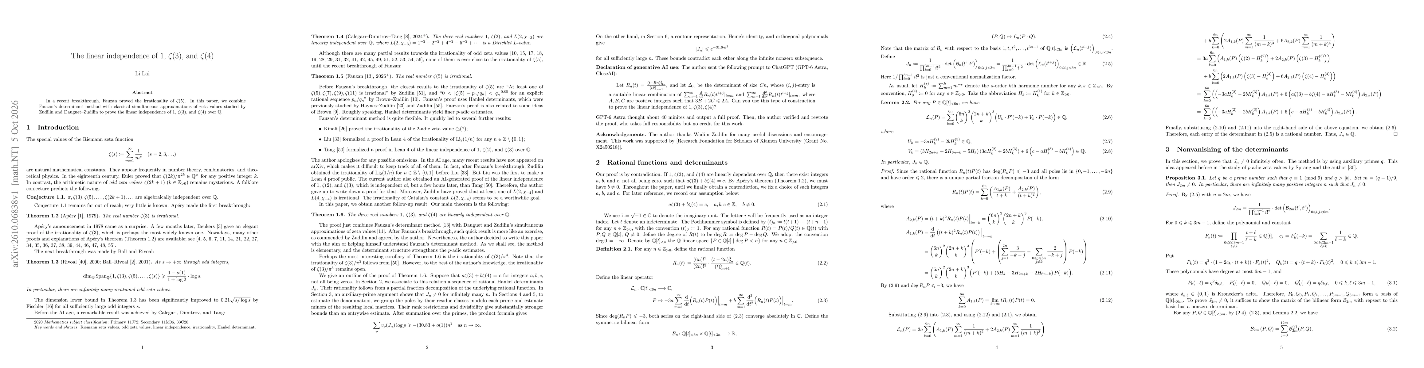 Thumbnail for The linear independence of $1$, $ζ(3)$, and $ζ(4)$