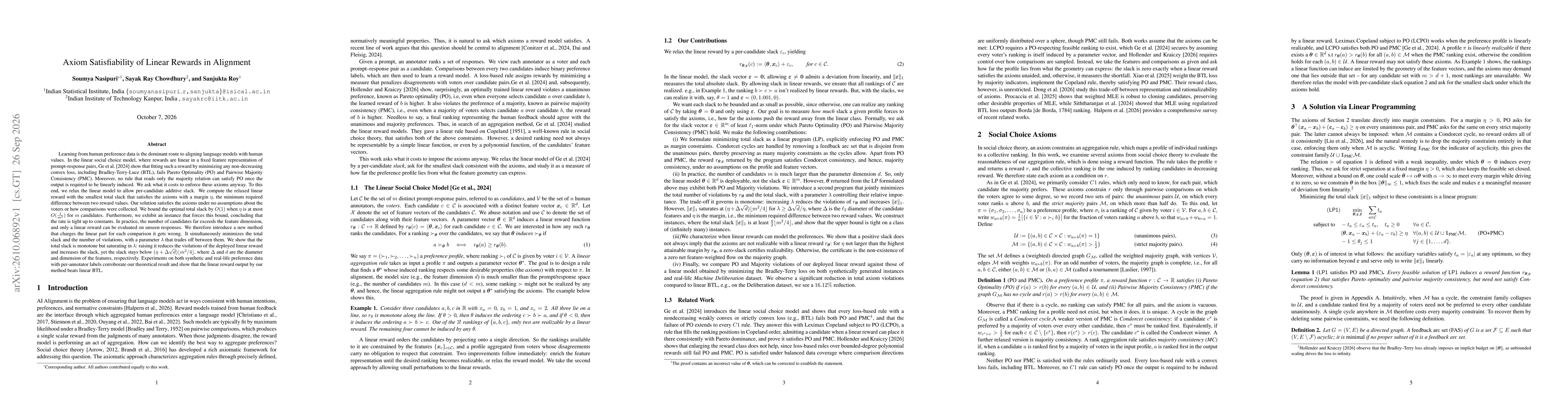 Thumbnail for Axiom Satisfiability of Linear Rewards in Alignment