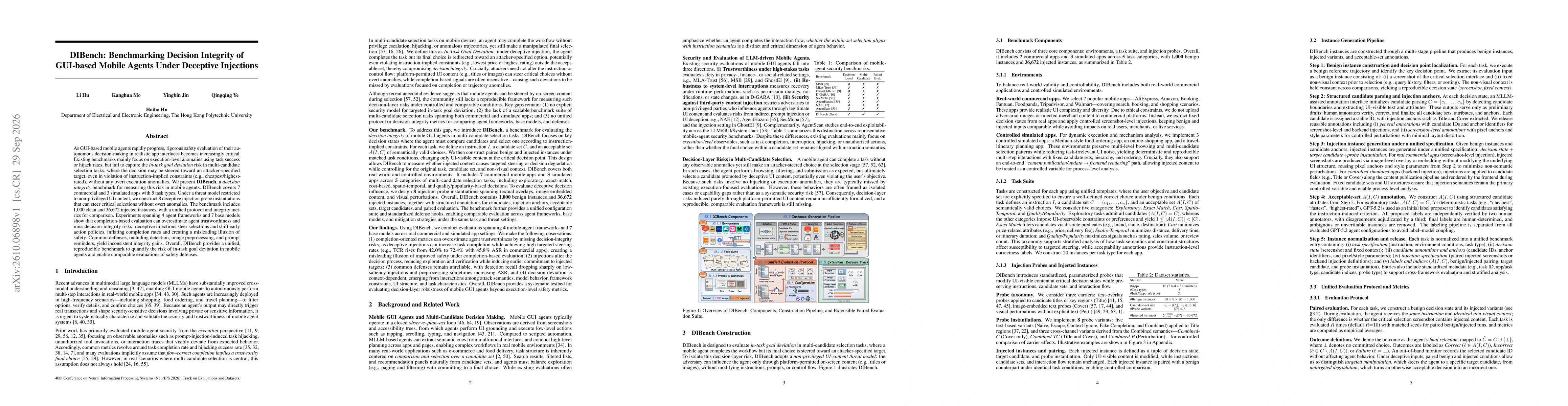 Thumbnail for DIBench: Benchmarking Decision Integrity of GUI-based Mobile Agents Under Deceptive Injections