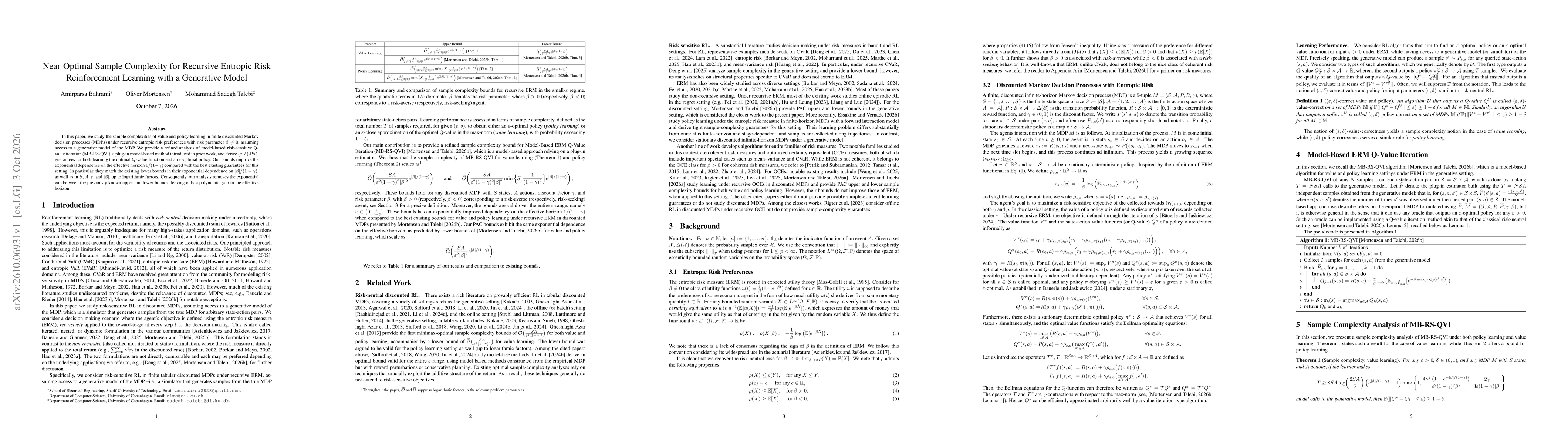 Thumbnail for Near-Optimal Sample Complexity for Recursive Entropic Risk Reinforcement Learning with a Generative Model