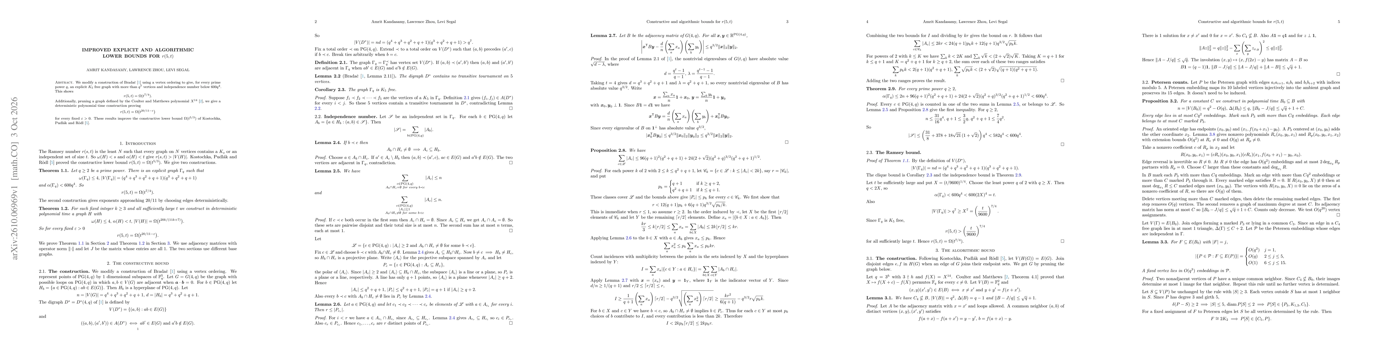 Thumbnail for Improved Explicit and Algorithmic Lower Bounds for r(5,t)