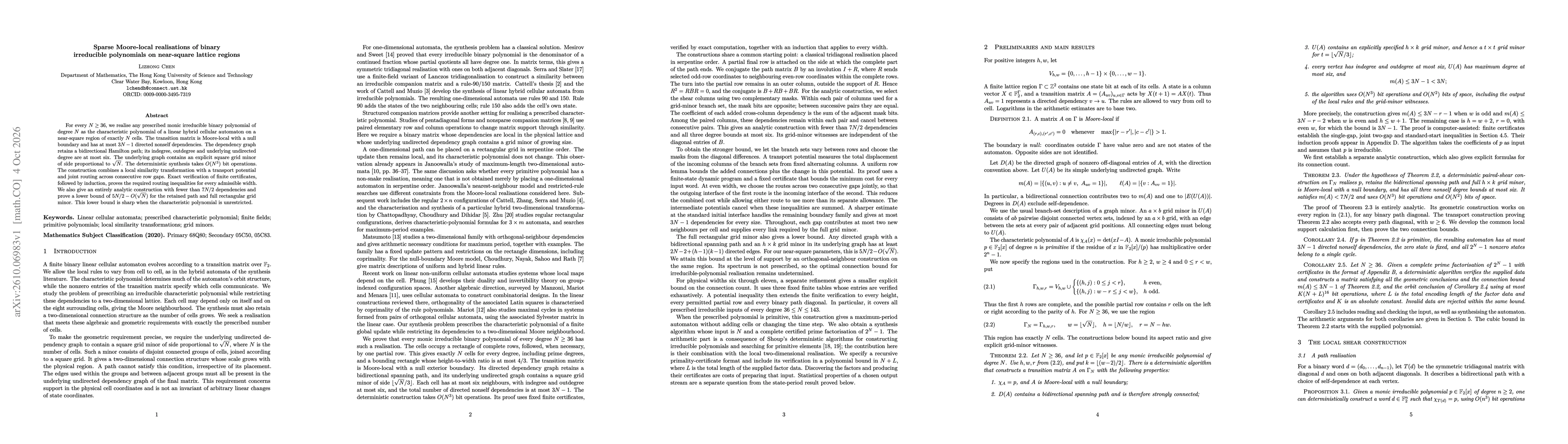 Thumbnail for Sparse Moore-local realisations of binary irreducible polynomials on near-square lattice regions