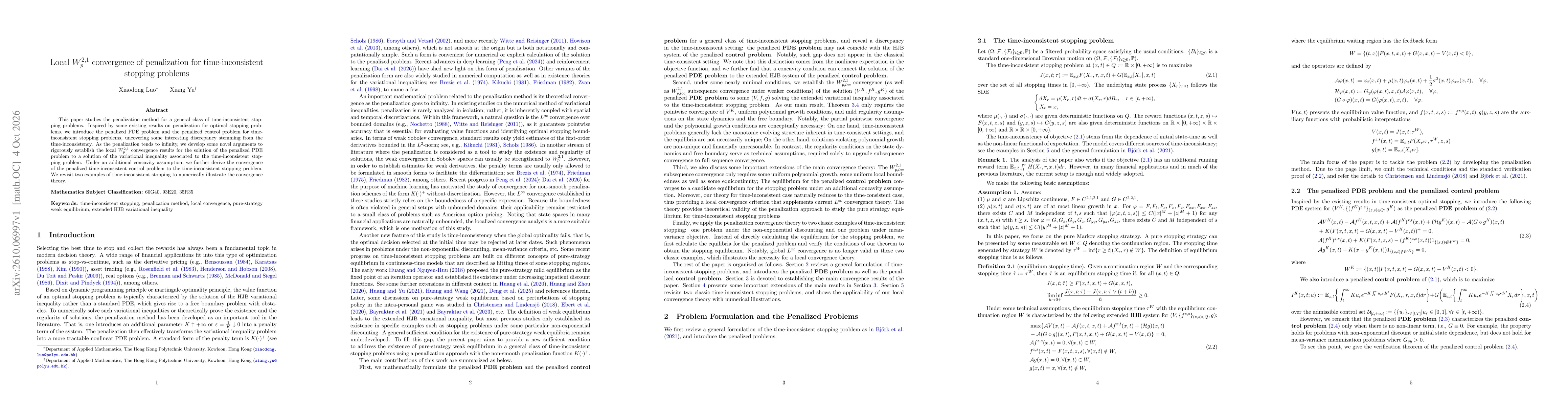 Thumbnail for Local $W^{2,1}_{p}$ convergence of penalization for time-inconsistent stopping problems