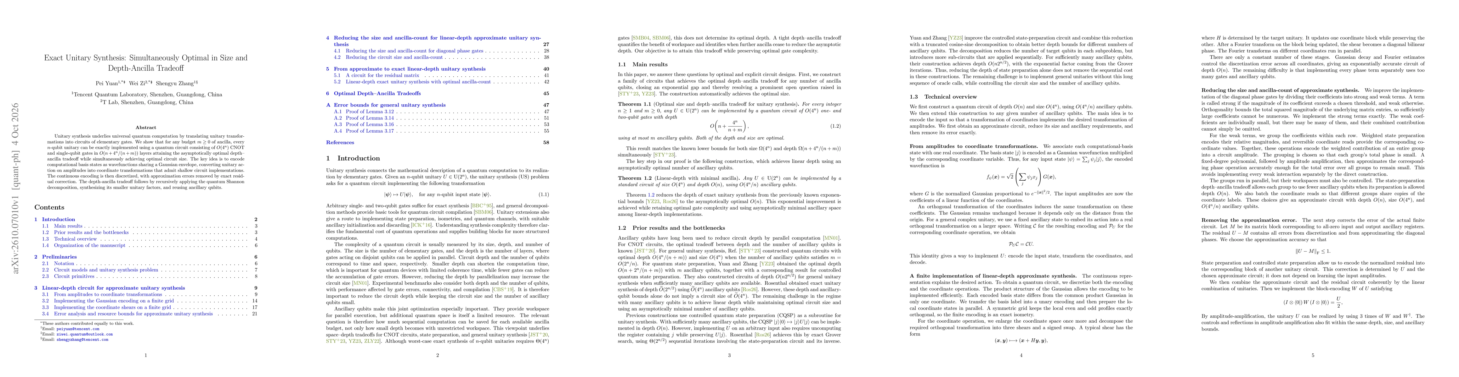 Thumbnail for Exact Unitary Synthesis: Simultaneously Optimal in Size and Depth-Ancilla Tradeoff