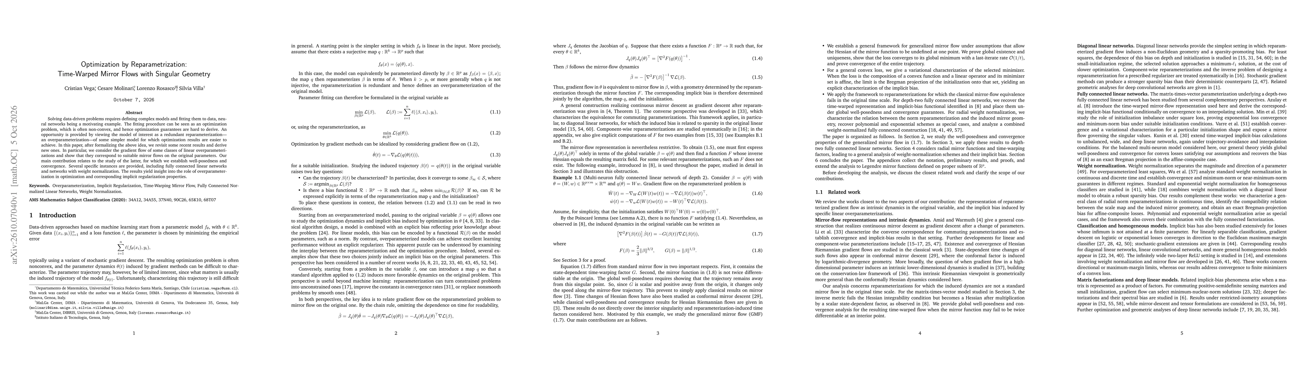 Thumbnail for Optimization by Reparametrization: Time-Warped Mirror Flows with Singular Geometry