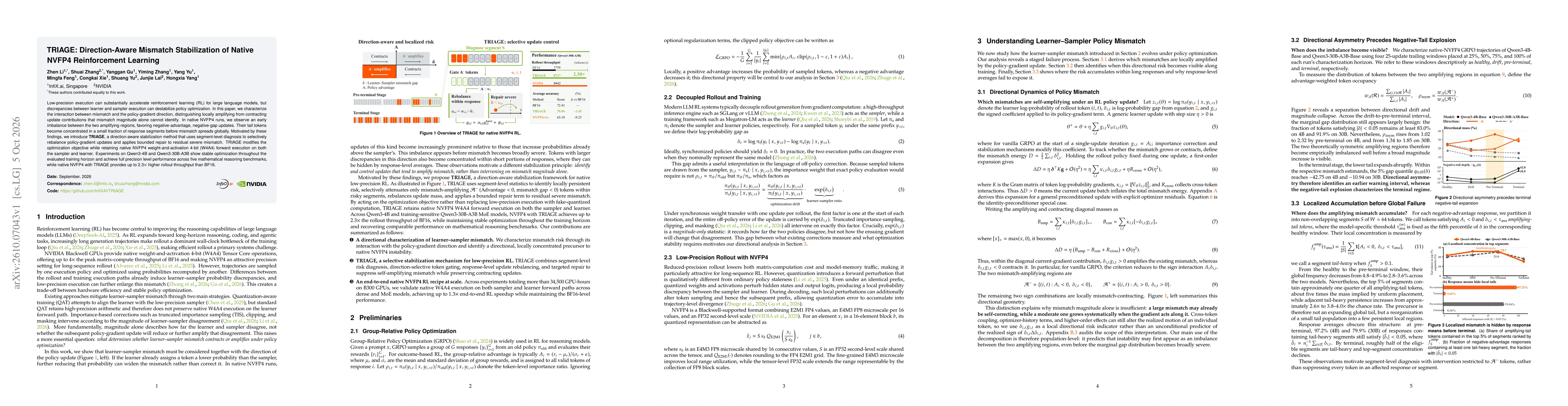 Thumbnail for TRIAGE: Direction-Aware Mismatch Stabilization of Native NVFP4 Reinforcement Learning