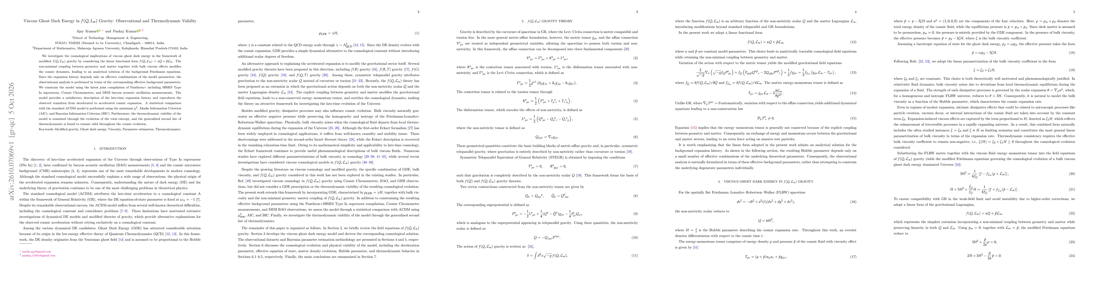 Thumbnail for Viscous Ghost Dark Energy in $f(Q, L_m)$ Gravity: Observational and Thermodynamic Validity