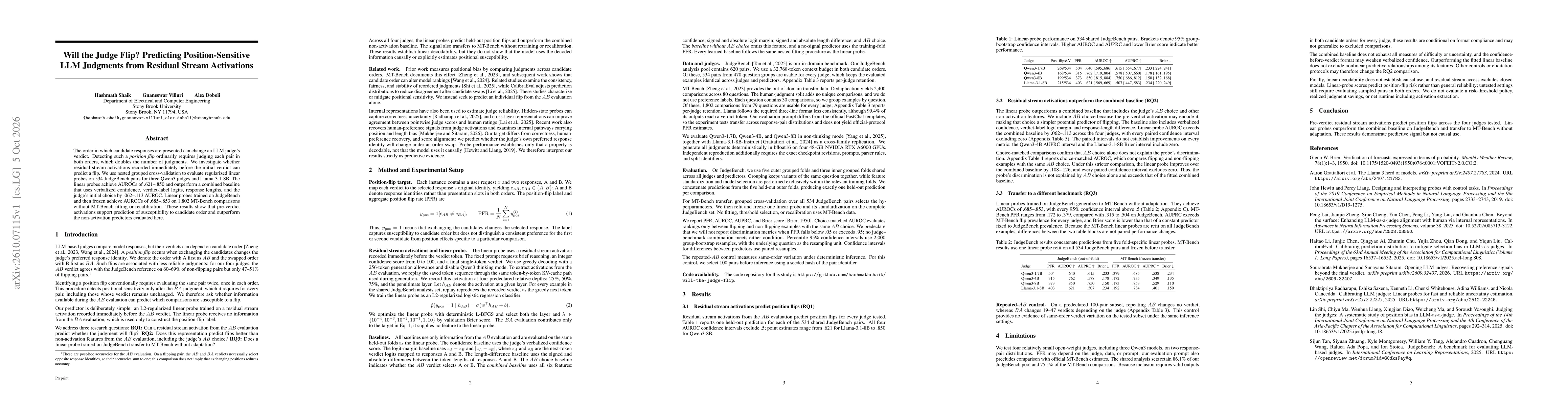 Thumbnail for Will the Judge Flip? Predicting Position-Sensitive LLM Judgments from Residual Stream Activations
