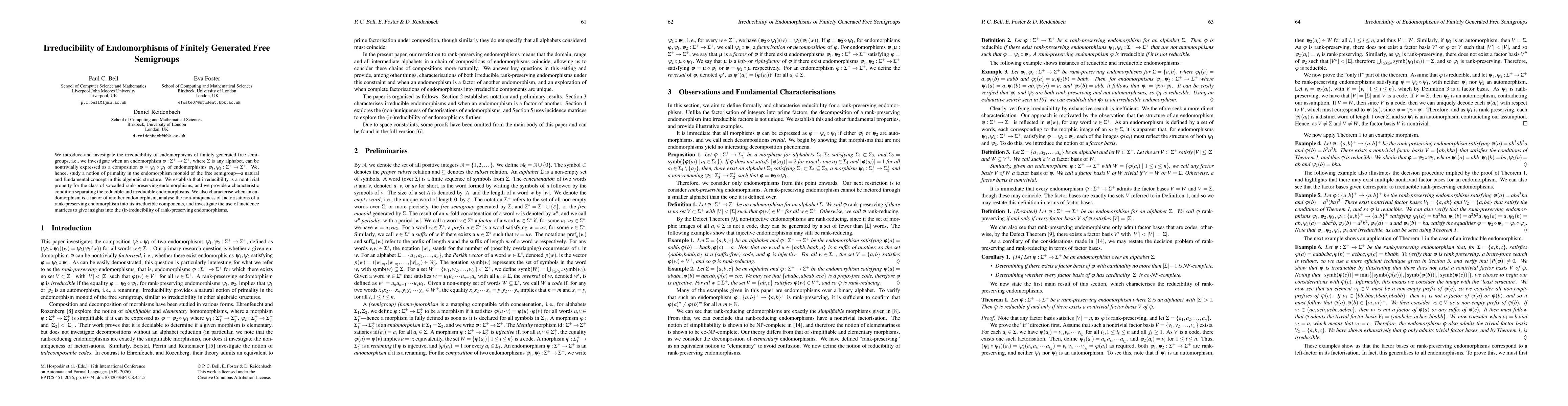 Thumbnail for Irreducibility of Endomorphisms of Finitely Generated Free Semigroups