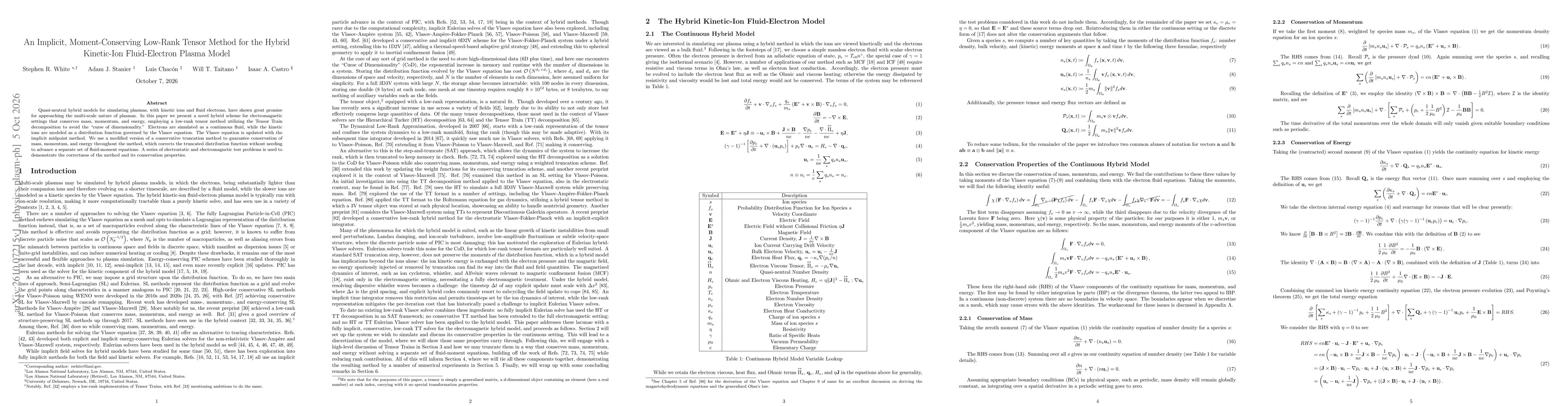Thumbnail for An Implicit, Moment-Conserving Low-Rank Tensor Method for the Hybrid Kinetic-Ion Fluid-Electron Plasma Model