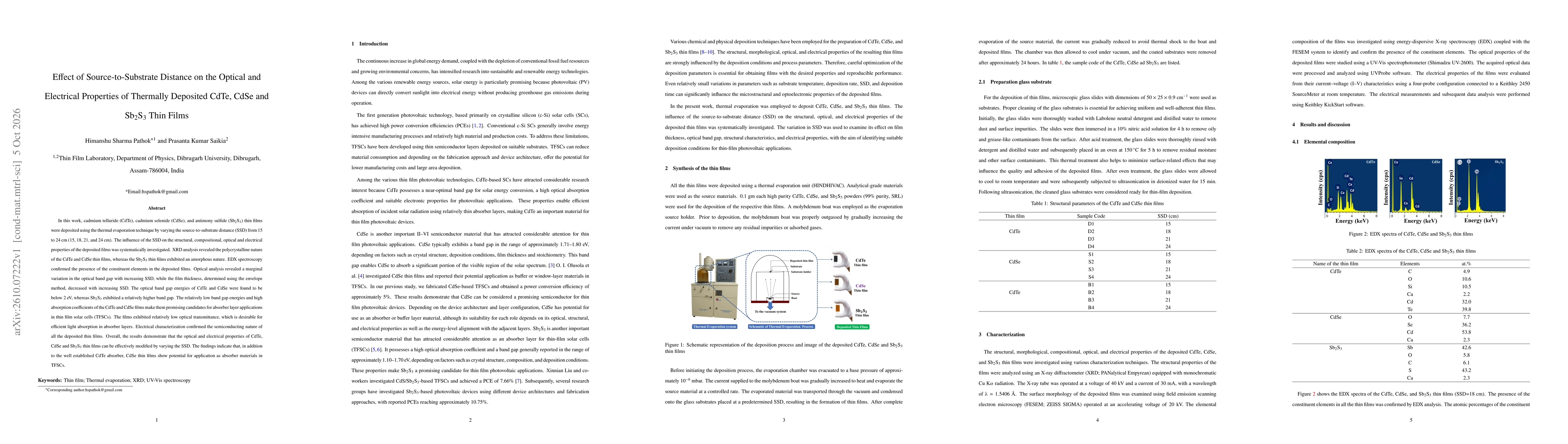 Thumbnail for Effect of Source-to-Substrate Distance on the Optical and Electrical Properties of Thermally Deposited CdTe, CdSe and Sb$_2$S$_3$ Thin Films