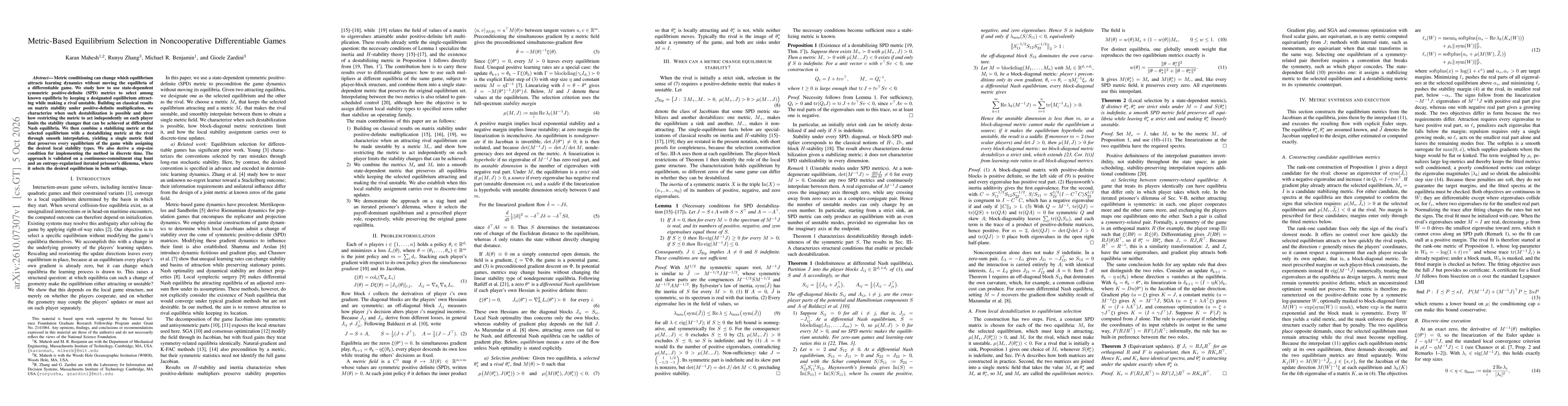 Thumbnail for Metric-Based Equilibrium Selection in Noncooperative Differentiable Games