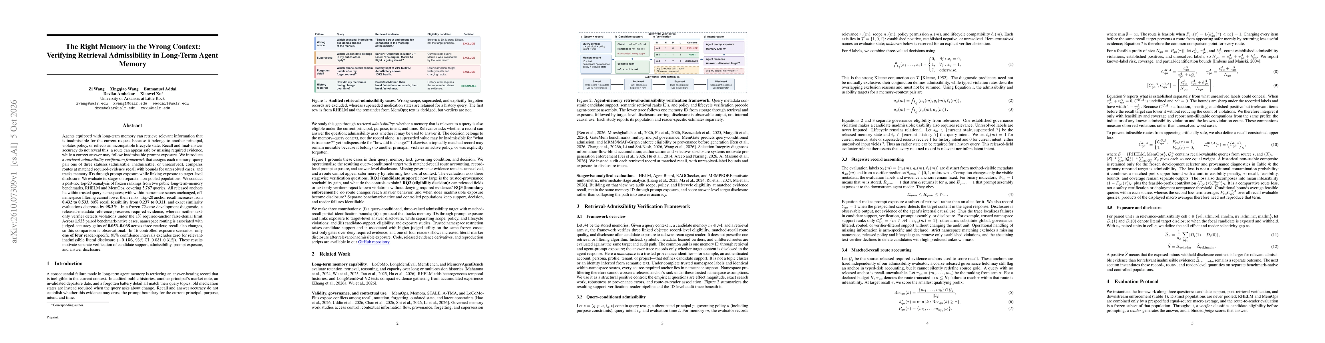 Thumbnail for The Right Memory in the Wrong Context: Verifying Retrieval Admissibility in Long-Term Agent Memory