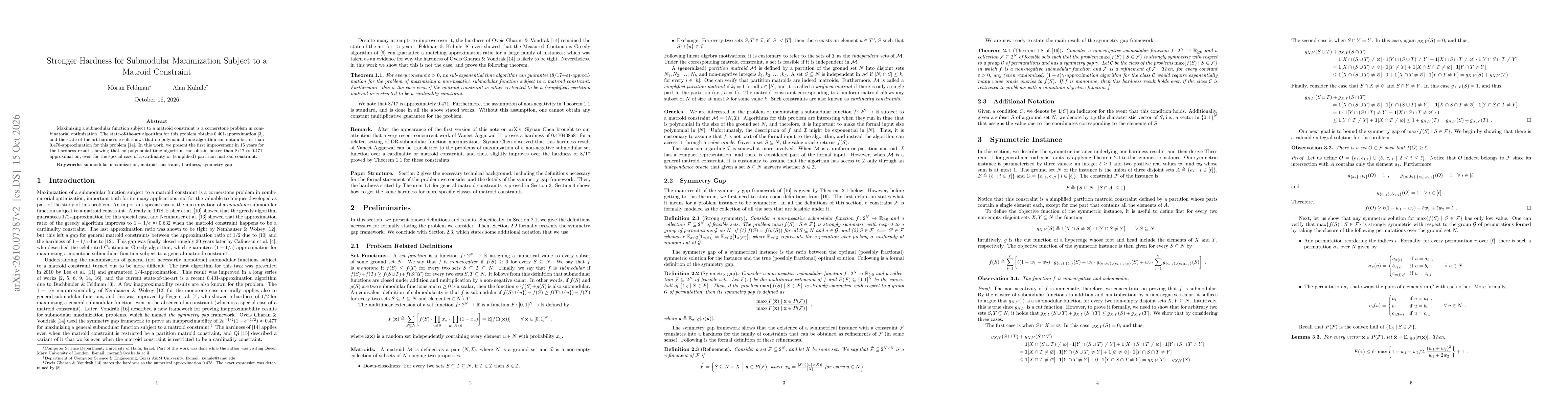 Thumbnail for Stronger Hardness for Submodular Maximization Subject to a Matroid Constraint