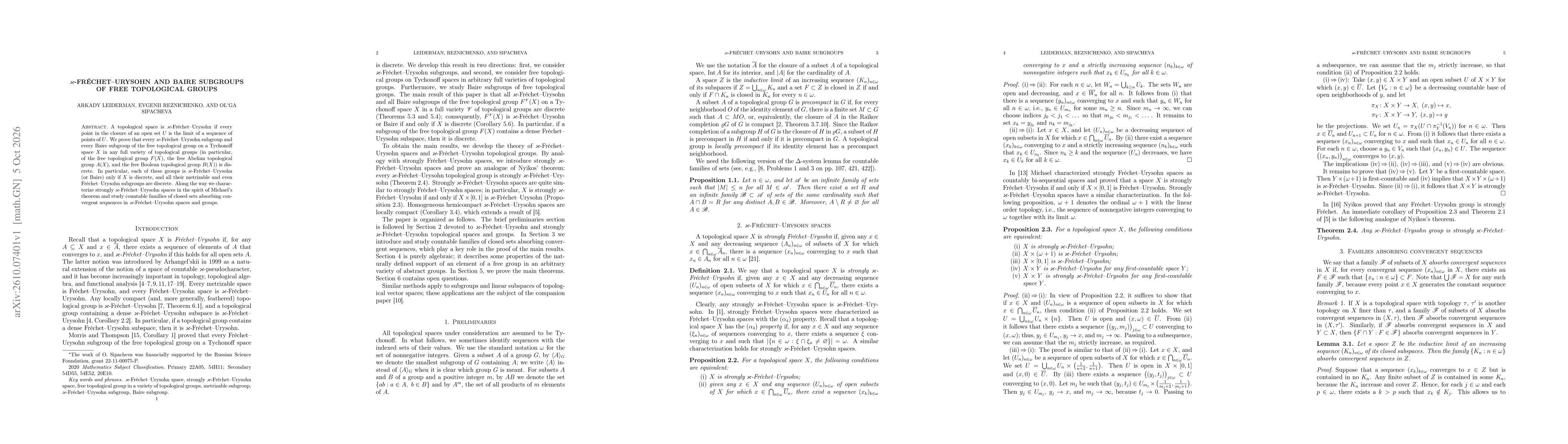 Thumbnail for $\varkappa$-Fréchet--Urysohn and Baire subgroups of free topological groups