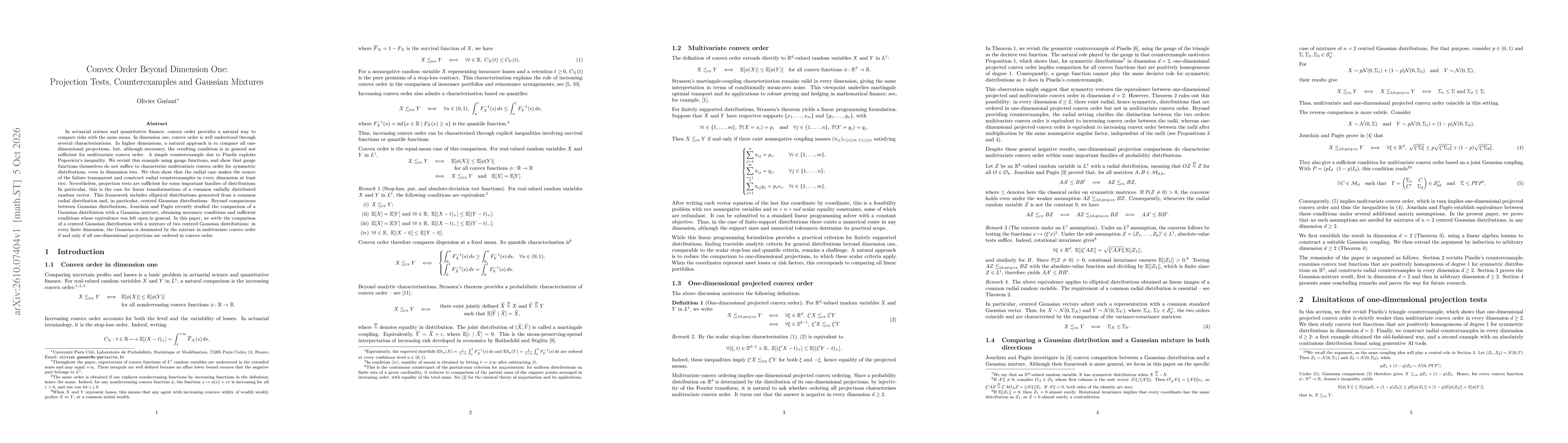 Thumbnail for Convex Order Beyond Dimension One: Projection Tests, Counterexamples and Gaussian Mixtures