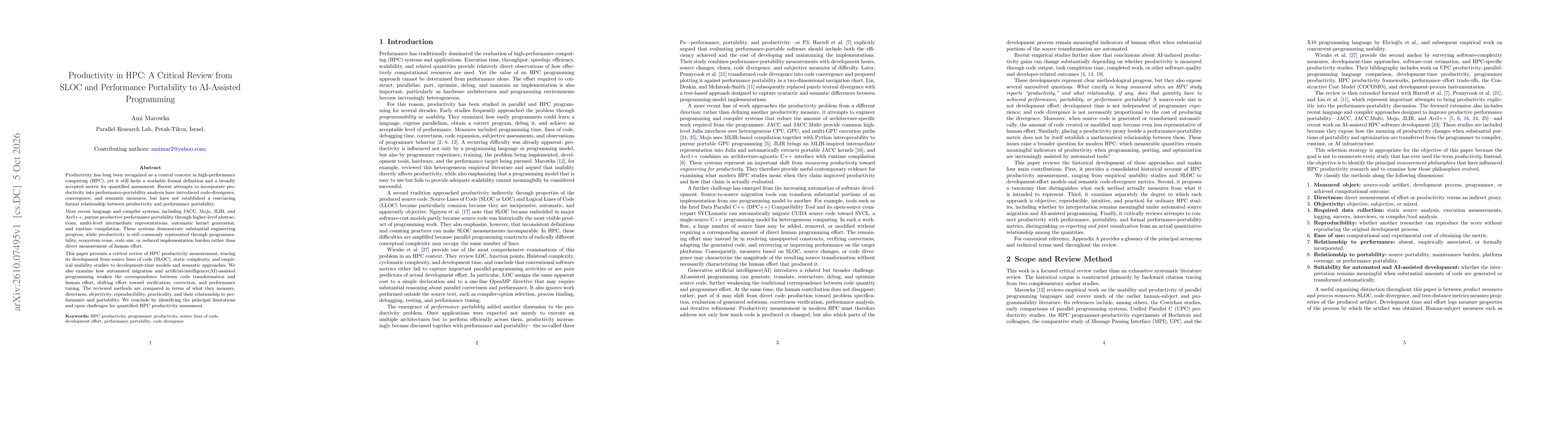 Thumbnail for Productivity in HPC: A Critical Review from SLOC and Performance Portability to AI-Assisted Programming
