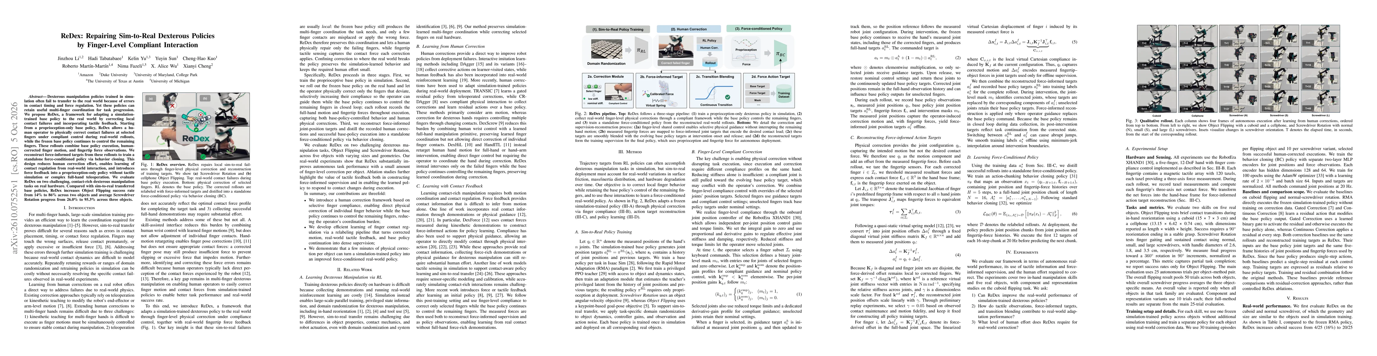 Thumbnail for ReDex: Repairing Sim-to-Real Dexterous Policies by Finger-Level Compliant Interaction