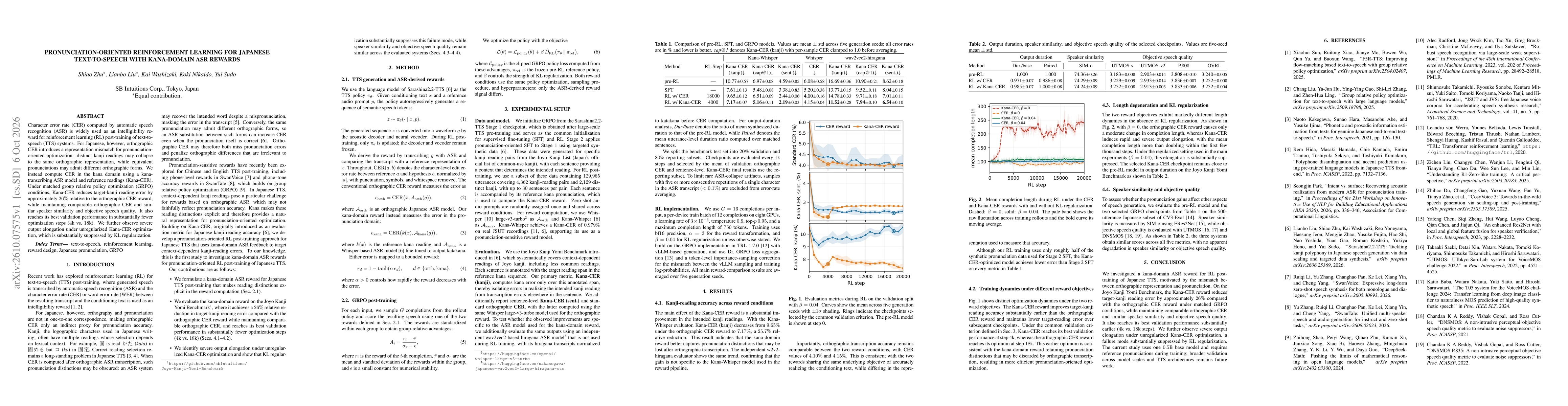 Thumbnail for Pronunciation-Oriented Reinforcement Learning for Japanese Text-to-Speech with Kana-Domain ASR Rewards