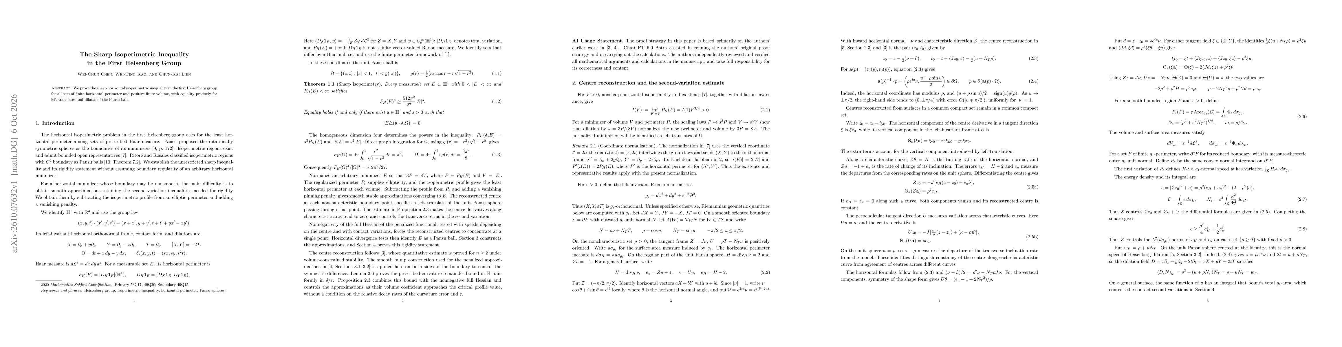 Thumbnail for The Sharp Isoperimetric Inequality in the First Heisenberg Group