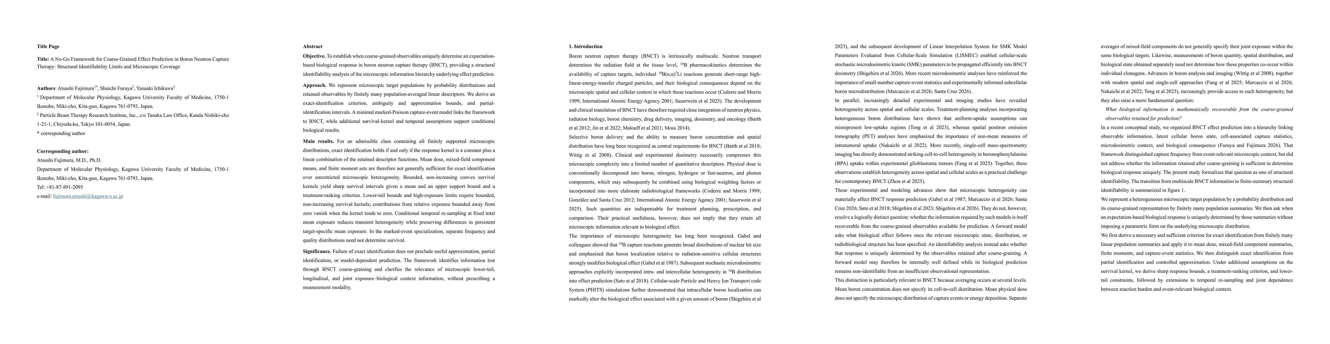 Thumbnail for A No-Go Framework for Coarse-Grained Effect Prediction in Boron Neutron Capture Therapy: Structural Identifiability Limits and Microscopic Coverage