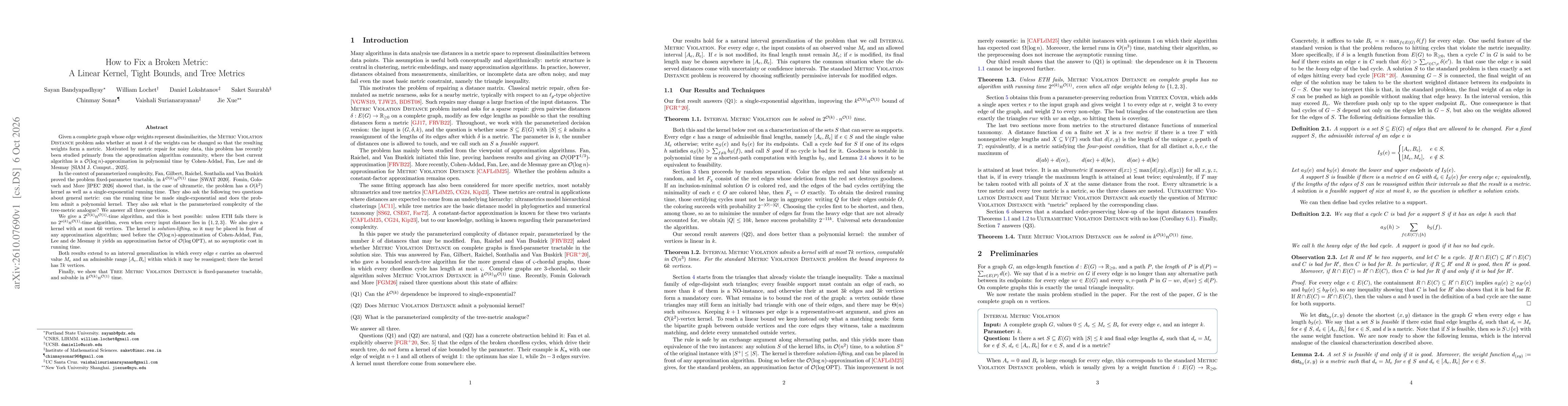 Thumbnail for How to Fix a Broken Metric: A Linear Kernel, Tight Bounds, and Tree Metrics