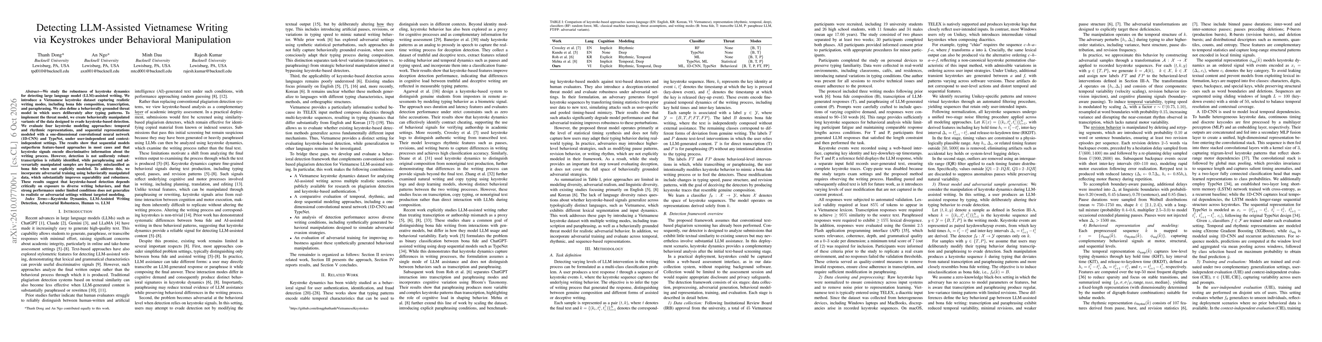 Thumbnail for Detecting LLM-Assisted Vietnamese Writing via Keystrokes under Behavioral Manipulation