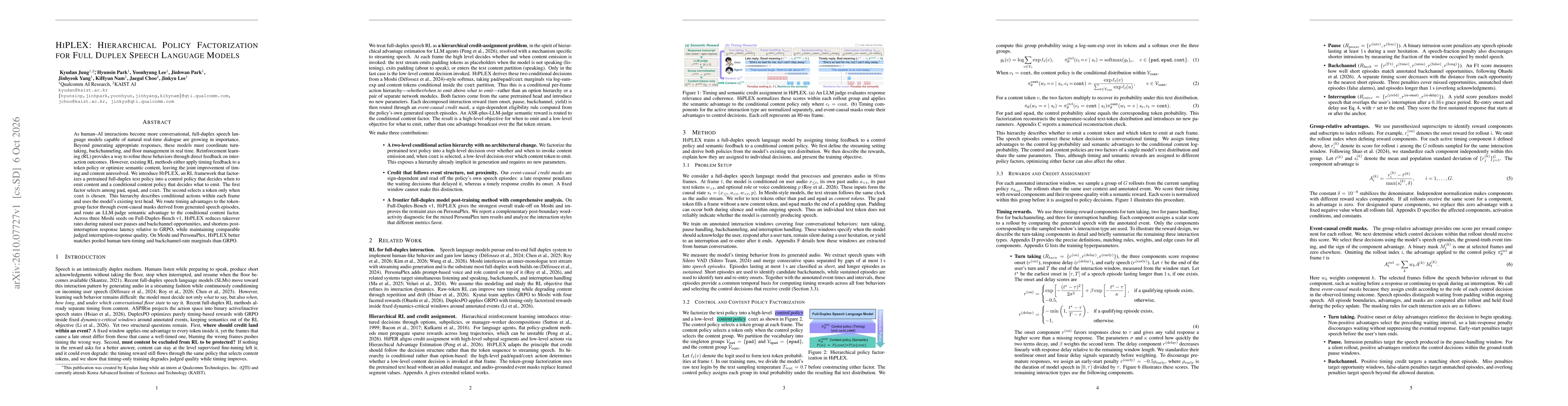 Thumbnail for HiPLEX: Hierarchical Policy Factorization for Full Duplex Speech Language Models