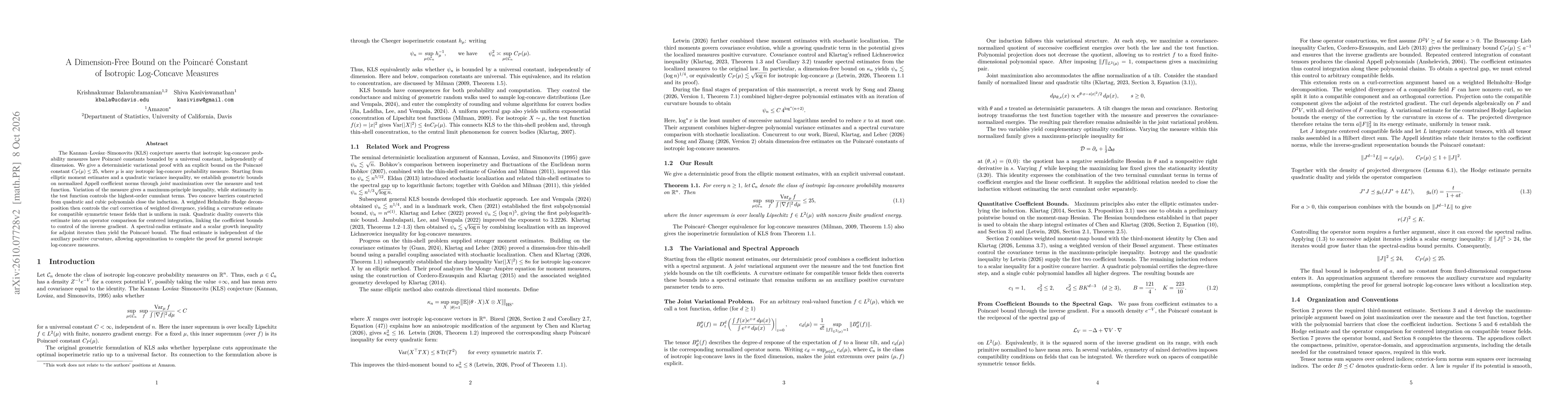 Thumbnail for A Dimension-Free Bound on the Poincaré Constant of Isotropic Log-Concave Measures