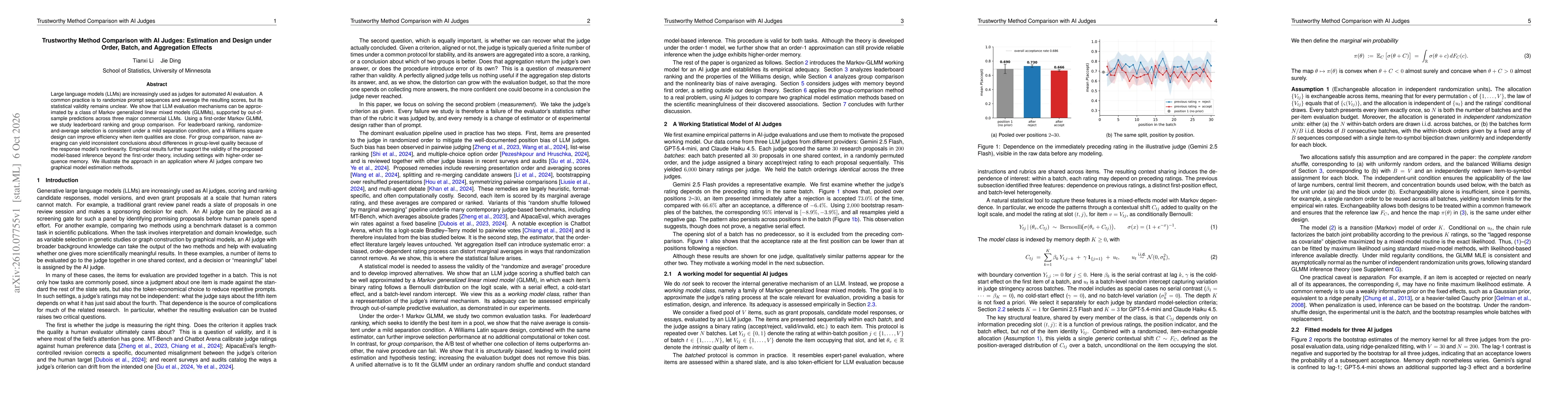 Thumbnail for Trustworthy Method Comparison with AI Judges: Estimation and Design under Order, Batch, and Aggregation Effects
