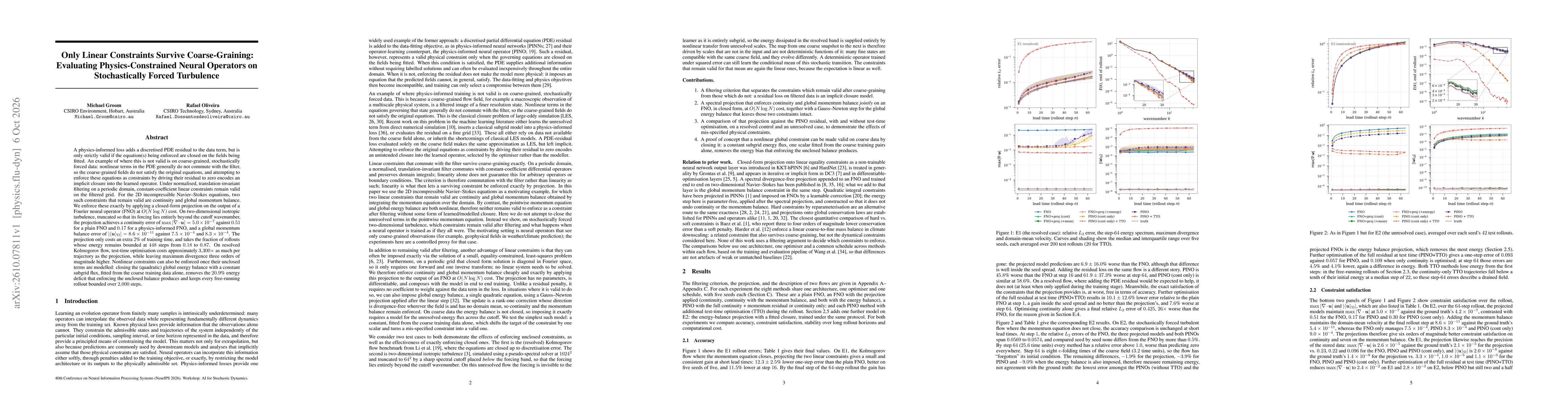 Thumbnail for Only Linear Constraints Survive Coarse-Graining: Evaluating Physics-Constrained Neural Operators on Stochastically Forced Turbulence