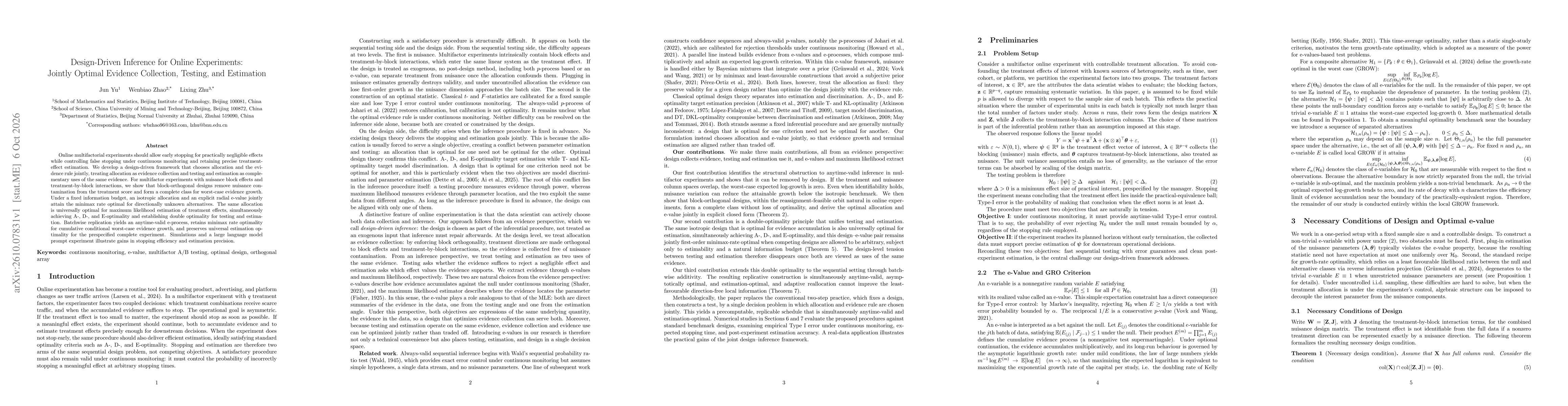 Thumbnail for Design-Driven Inference for Online Experiments: Jointly Optimal Evidence Collection, Testing, and Estimation