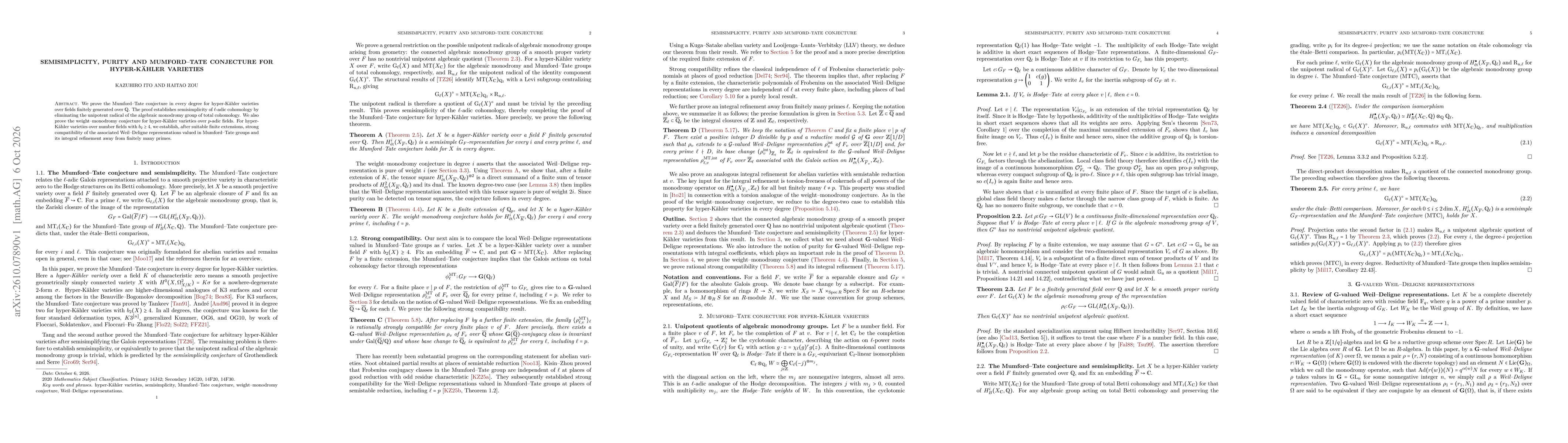 Thumbnail for Semisimplicity, purity and Mumford-Tate conjecture for hyper-Kähler varieties