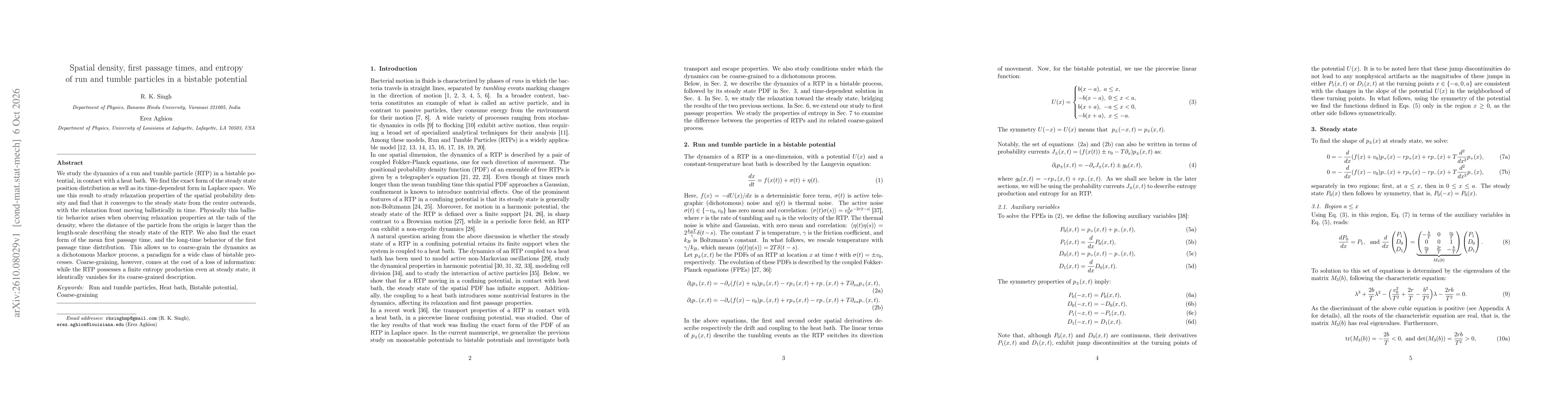 Thumbnail for Spatial density, first passage times, and entropy of run and tumble particles in a bistable potential