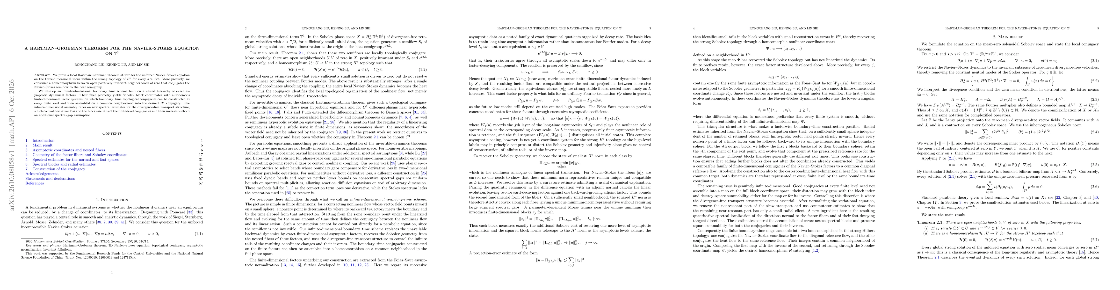 Thumbnail for A Hartman-Grobman Theorem for the Navier-Stokes Equation on $\mathbb T^3$