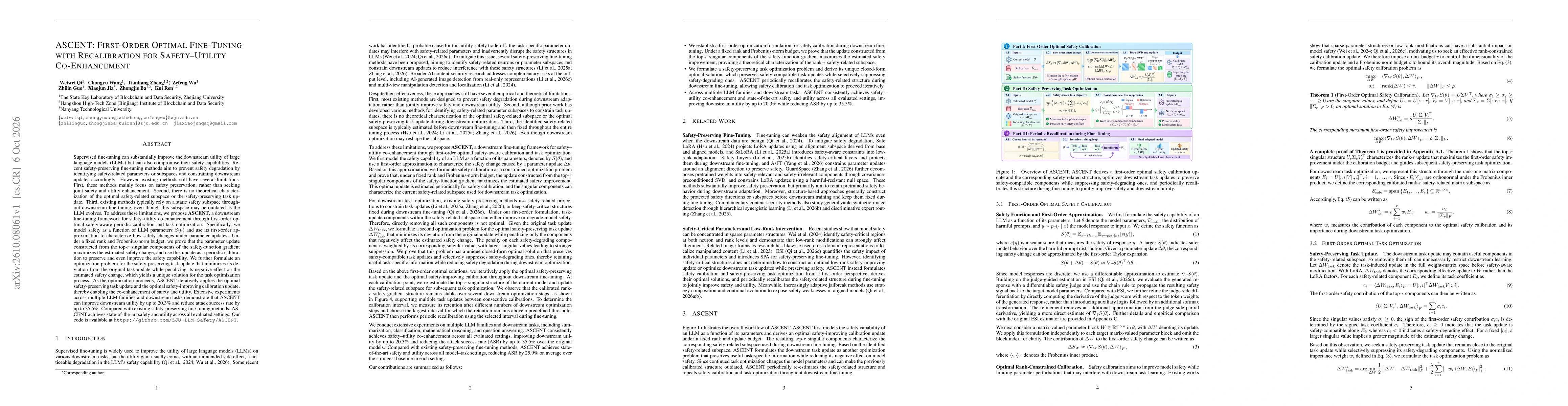 Thumbnail for ASCENT: First-Order Optimal Fine-Tuning with Recalibration for Safety--Utility Co-Enhancement
