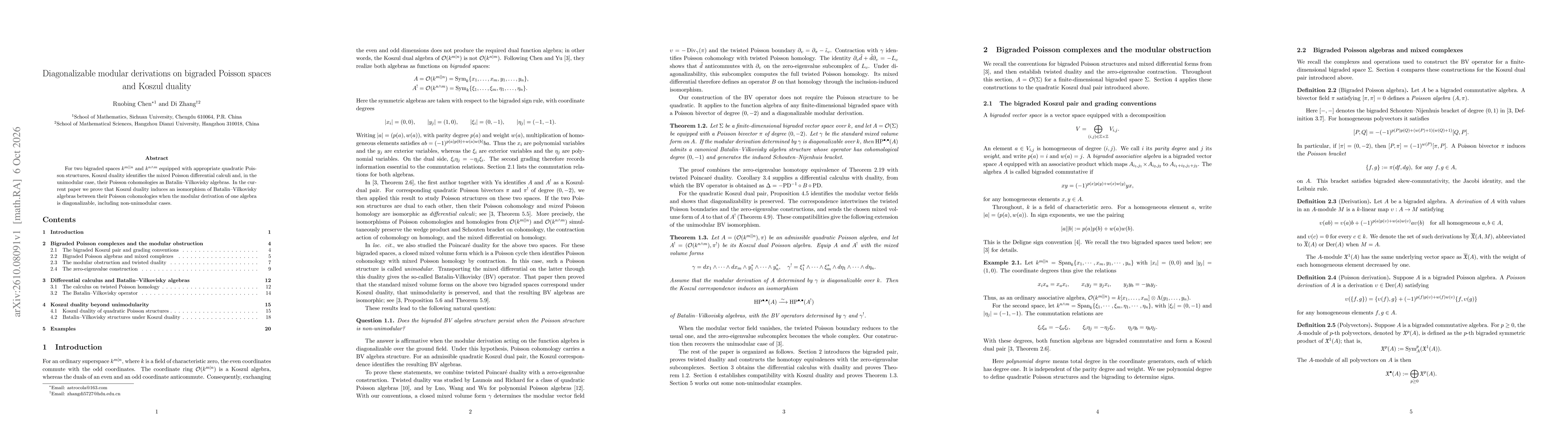 Thumbnail for Diagonalizable modular derivations on bigraded Poisson spaces and Koszul duality