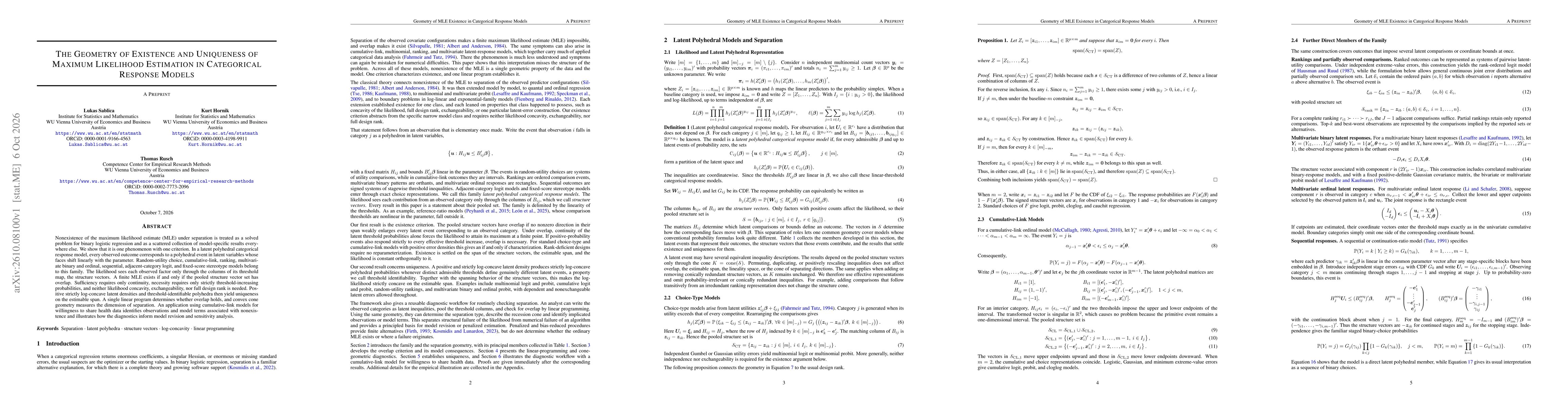 Thumbnail for The Geometry of Existence and Uniqueness of Maximum Likelihood Estimation in Categorical Response Models