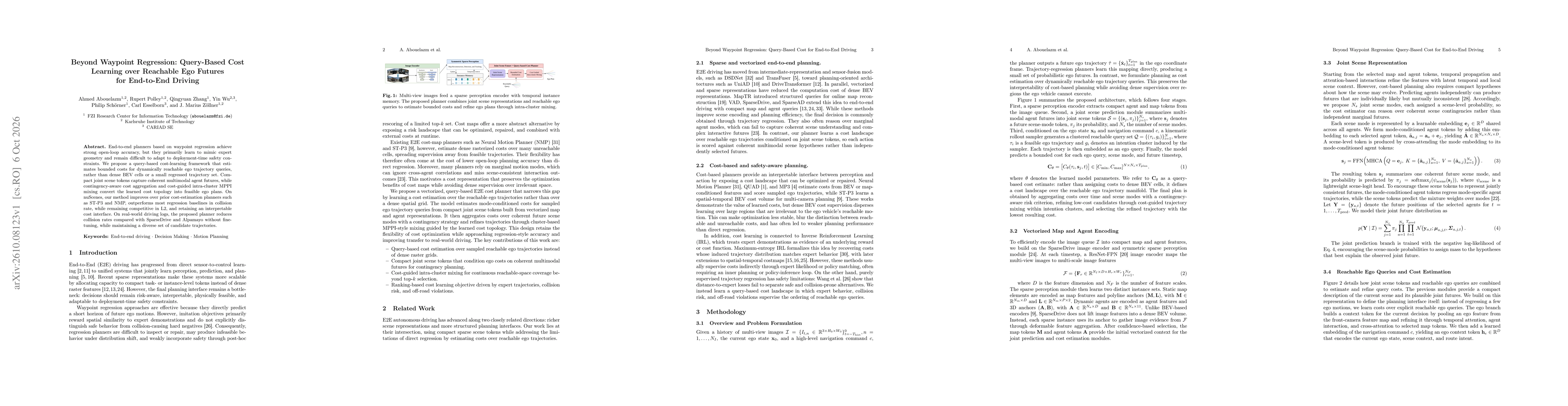 Thumbnail for Beyond Waypoint Regression: Query-Based Cost Learning over Reachable Ego Futures for End-to-End Driving