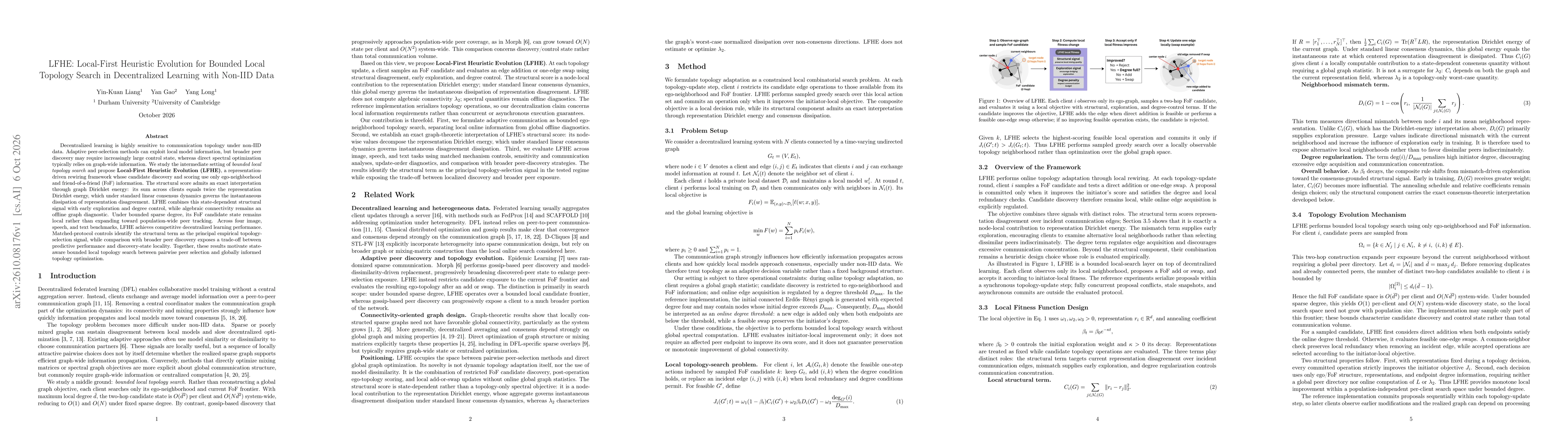 Thumbnail for LFHE: Local-First Heuristic Evolution for Bounded Local Topology Search in Decentralized Learning with Non-IID Data