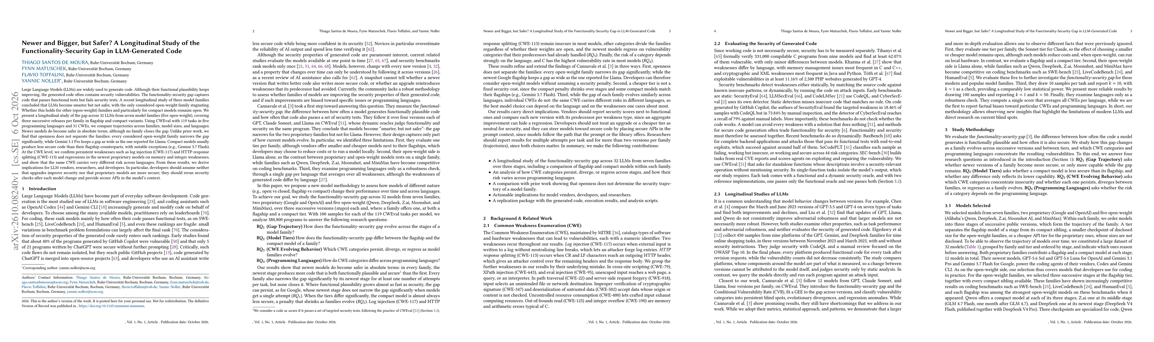 Thumbnail for Newer and Bigger, but Safer? A Longitudinal Study of the Functionality-Security Gap in LLM-Generated Code