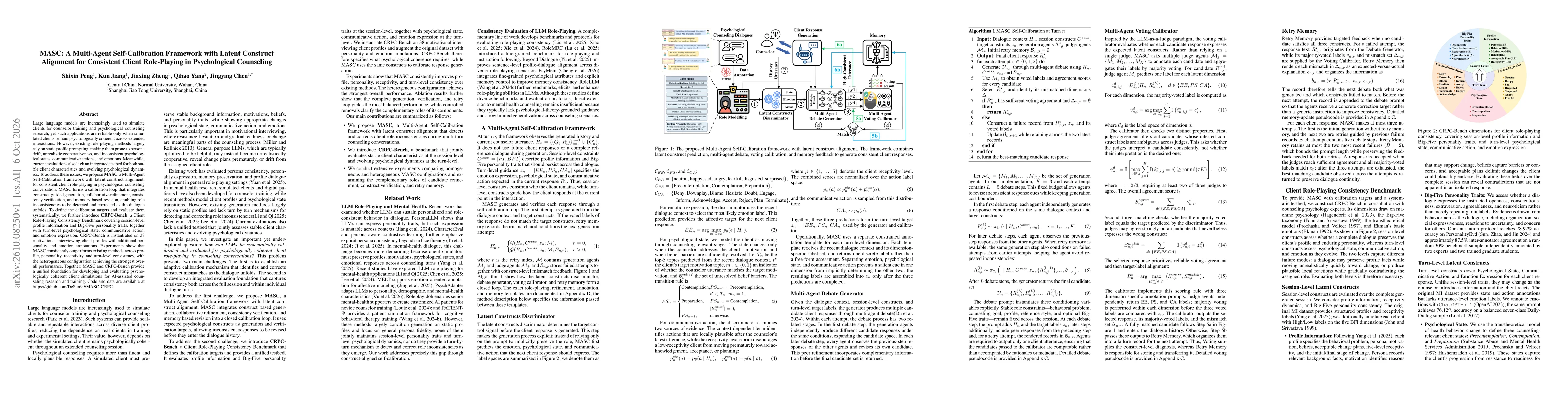 Thumbnail for MASC: A Multi-Agent Self-Calibration Framework with Latent Construct Alignment for Consistent Client Role-Playing in Psychological Counseling
