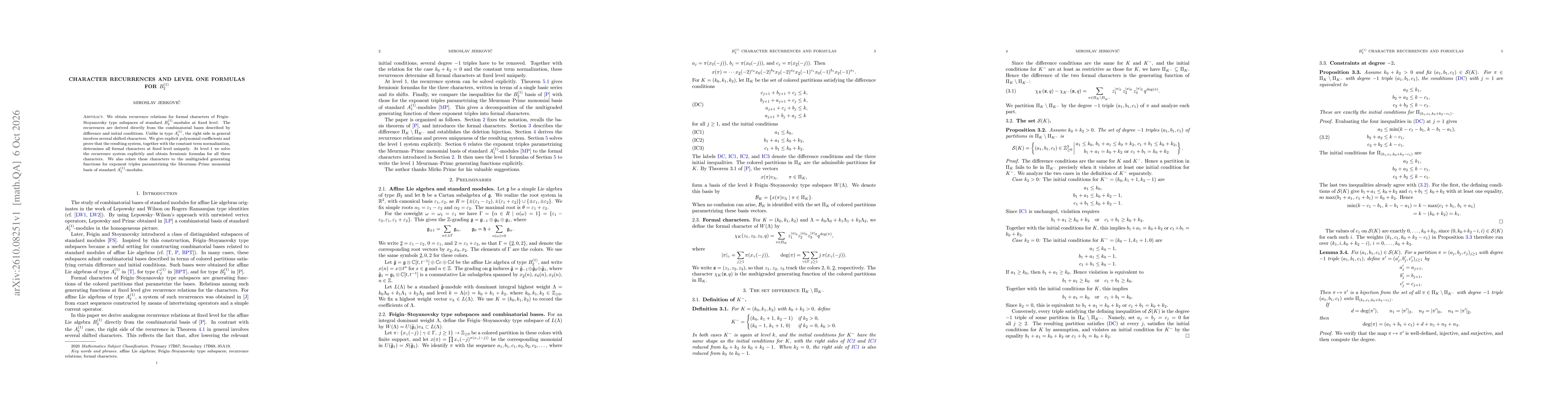 Thumbnail for Character recurrences and level one formulas for $B_2^{(1)}$