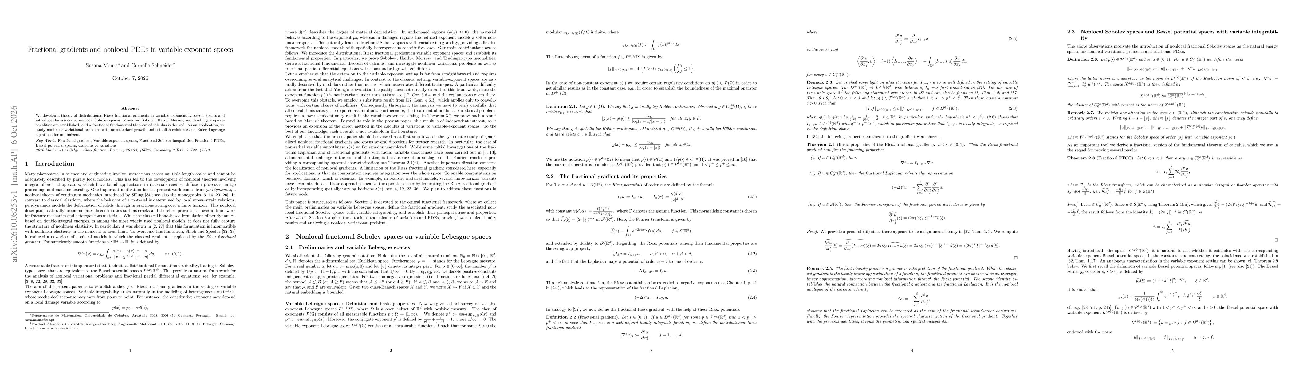 Thumbnail for Fractional gradients and nonlocal PDEs in variable exponent spaces