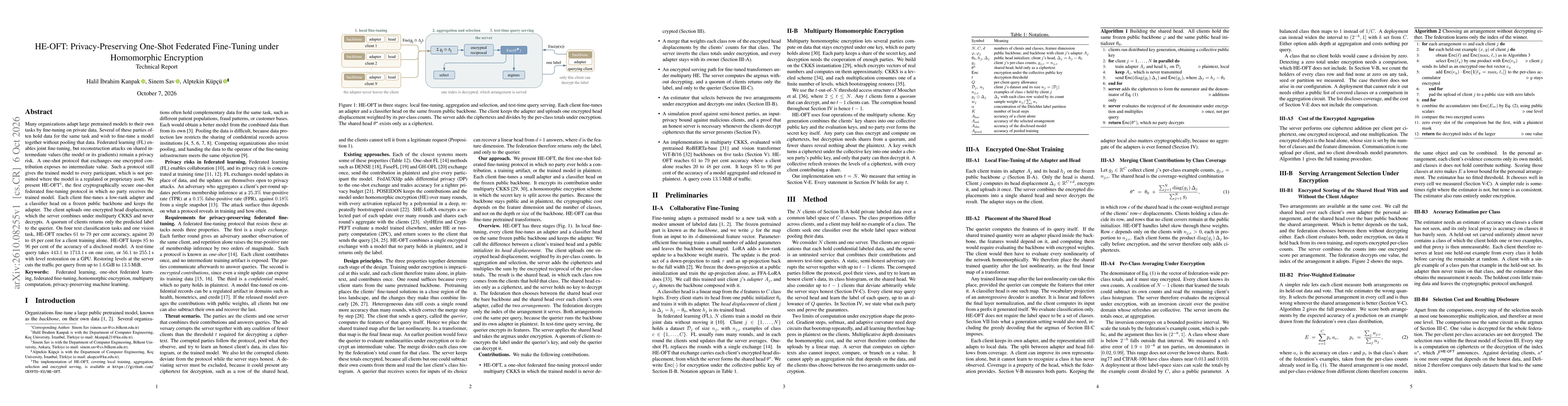 Thumbnail for HE-OFT: Privacy-Preserving One-Shot Federated Fine-Tuning under Homomorphic Encryption