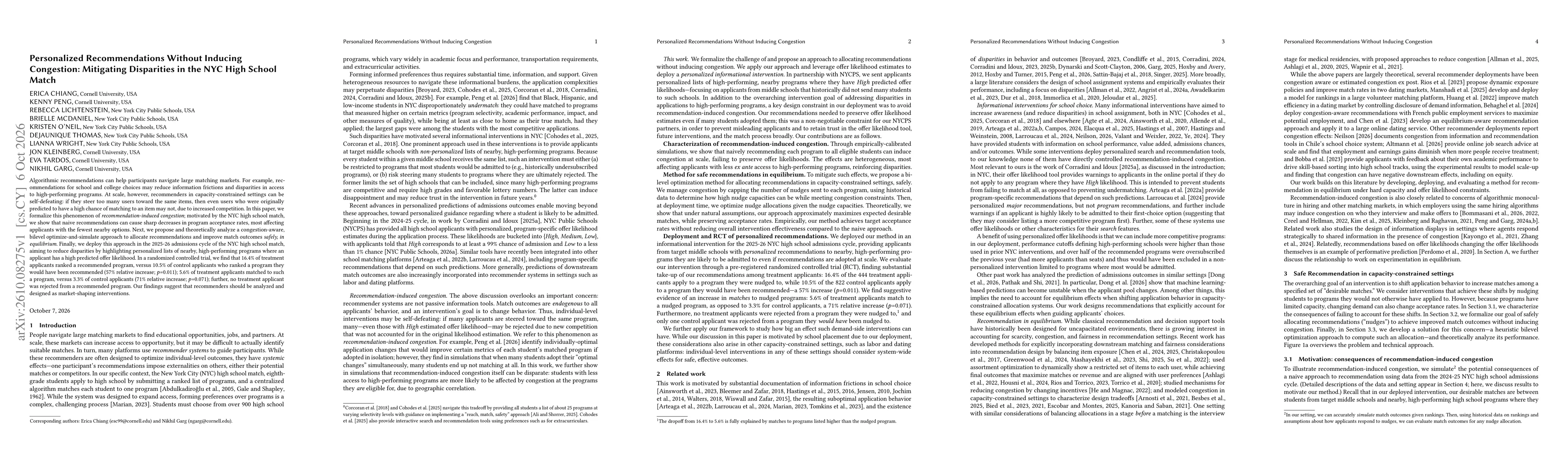 Thumbnail for Personalized Recommendations Without Inducing Congestion: Mitigating Disparities in the NYC High School Match