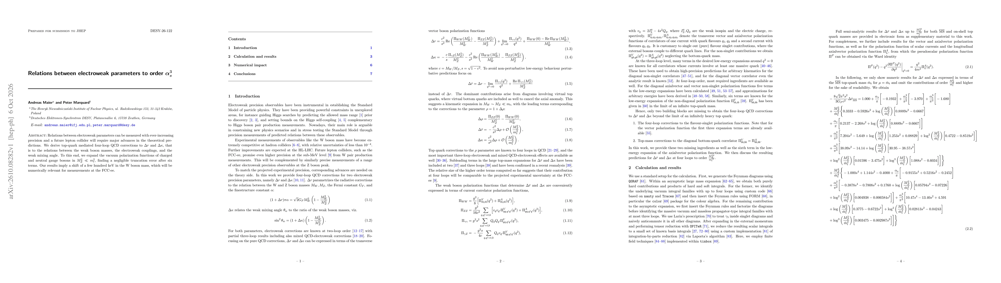 Thumbnail for Relations between electroweak parameters to order $α_s^3$