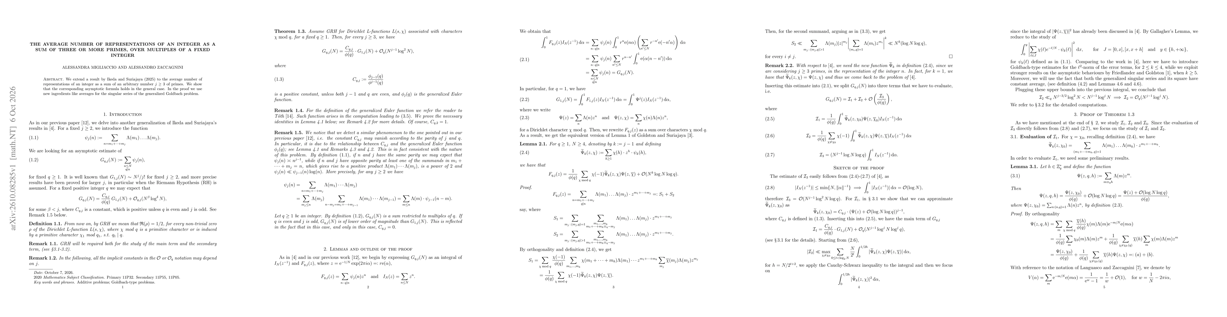 Thumbnail for The average number of representations of an integer as a sum of three or more primes, over multiples of a fixed integer