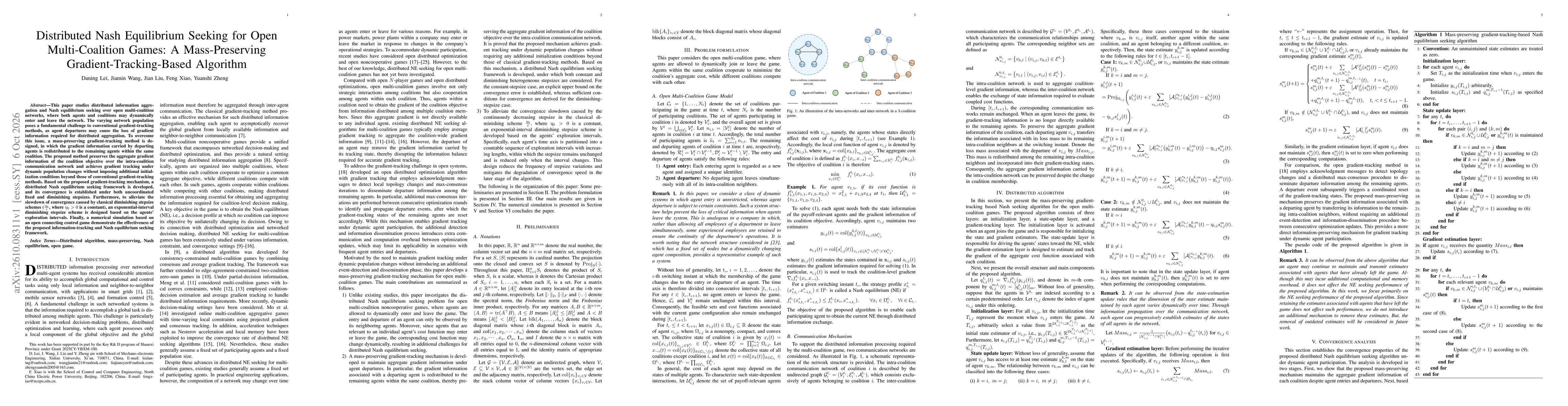 Thumbnail for Distributed Nash Equilibrium Seeking for Open Multi-Coalition Games: A Mass-Preserving Gradient-Tracking-Based Algorithm